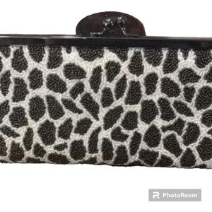 Inge Christopher Clutch Brown Beaded Giraffe Print Luxury Maximalist Neutral 80s